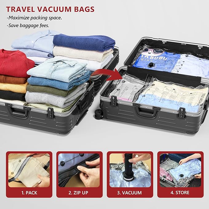 Travel Vacuum Bags for Clothing with Rechargeable Electric Pump, Compression Packing Cubes Organizer Storage for Luggage Suit