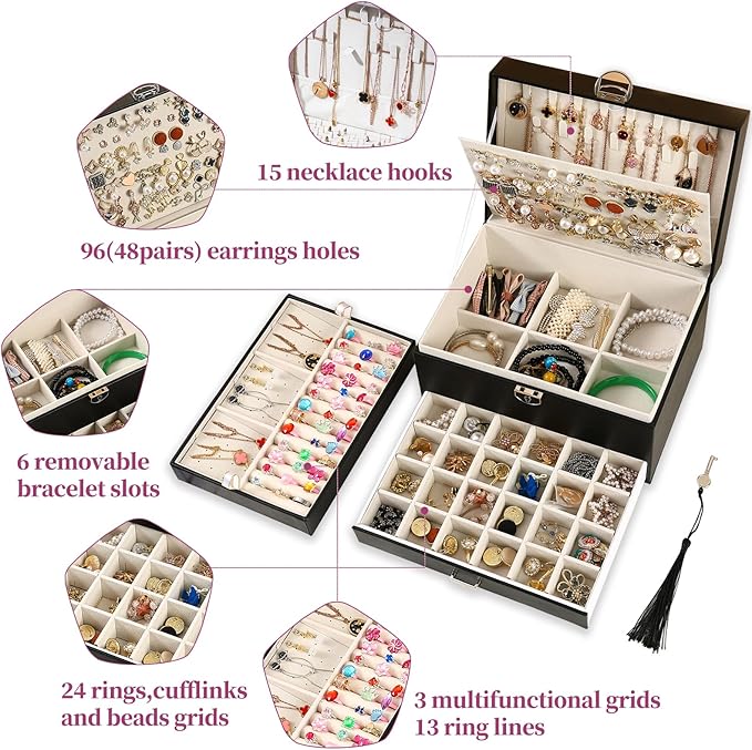 BOOVO Earring Jewelry Box For Women Girl Stud Organizer, 5 Layers Girl Jewelry Organizer Box With Lock Earring Holder Organiz