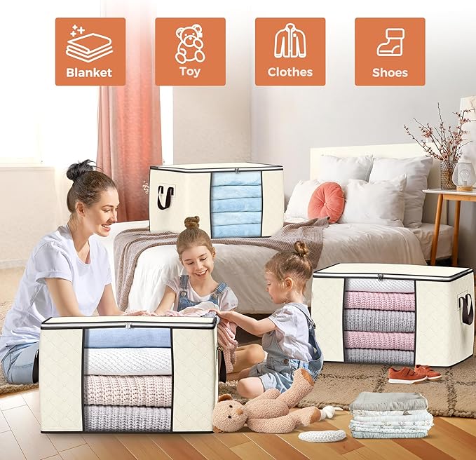 90 L Large Storage Bags, 4 Pack Clothes Storage Bins Foldable Closet Organizers Storage Containers with Reinforced Handle for