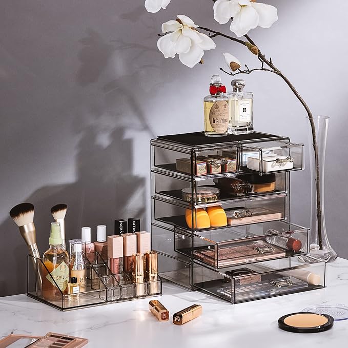 Sorbus Acrylic Makeup Organizer Set, 6-Drawer Vanity & Countertop Cosmetic Storage with Small & Wide Compartments, Black-Tint