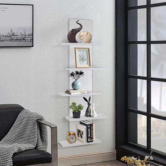 5 Tier Wall Shelf Unit-White Floating Shelves for Home Decor, Modern Unique Asymmetric Design for Bedroom & Living Room Stora
