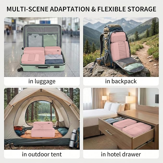 4 Piece Compression Packing Cubes for 3–7 Day Travel, Lightweight Travel Organizers with Breathable Mesh, Double-Zipper Packi