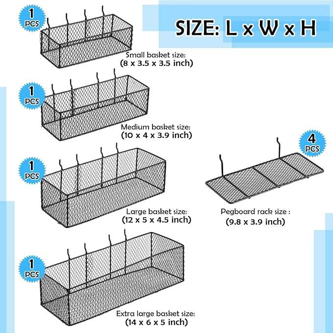 Hicarer 8 Pack Pegboard Baskets and Peg Board Racks Set, Pegboard Hooks, Square Style Wire Shelf Baskets, for Organize Tools,