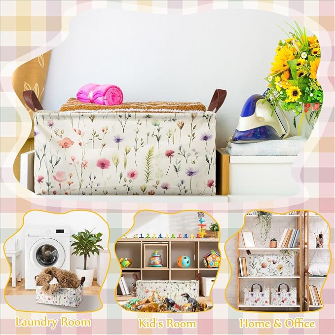 Boao 3 Pcs Wildflowers Storage Bin Wildflowers Collapsible Large Storage Baskets for Gifts Canvas Laundry Basket Foldable Box