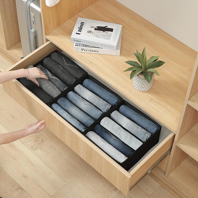 Qozary Jeans Pants Organizer for Closet, 4 Pack Drawer Organizers for Clothing, 5 Grids Wardrobe Clothes Storage, Deep Drawer