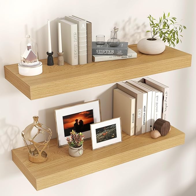 Floating Shelves for Wall, 36" W x 12" D x 2" H, 2 Pack of Long Wall Mounted Engineered Wood Shelves with Invisible Brackets 