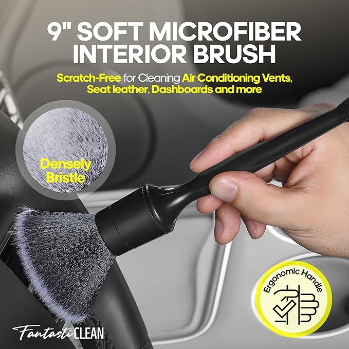 Fantasticlean 9PC Car Detailing Kit，Boars Hair Brush，Horse Hair Bristle，Suede-Coral Cloth，Car Dust Brush，Microfiber Towel & A