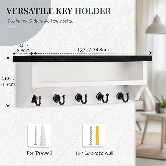 Nekon Key Holder Wall Mount, Wall Organizer Shelf with 5 Key Hooks, Room Decor for Home and Apartment Essentials, Black and W