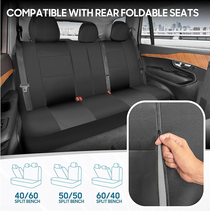 BDK PolyPro Car Seat Covers Full Set in Solid Charcoal – Front and Rear Split Bench Seat Covers for Cars, Easy to Install, Ac