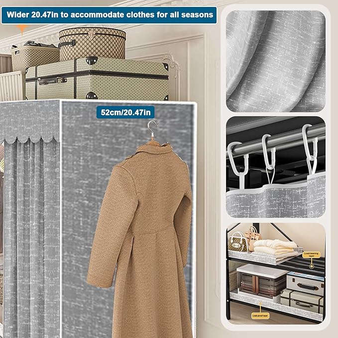 FPIGSHS 66.1in Heavy Duty Clothes Rack with Cover Foldable Covered Clothes Rack for Hanging Clothes portable Wardrobe Closet 
