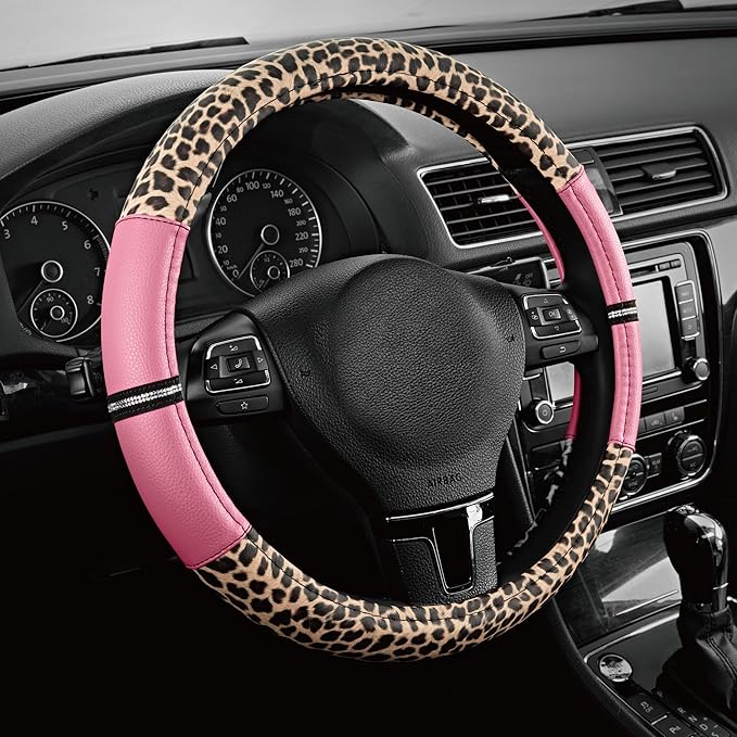 Road Comforts Leopard Steering Wheel Cover for Women, Cute Anti-Slip Microfiber Leather, Universal Fit 14.5-15 Inch Round Ste