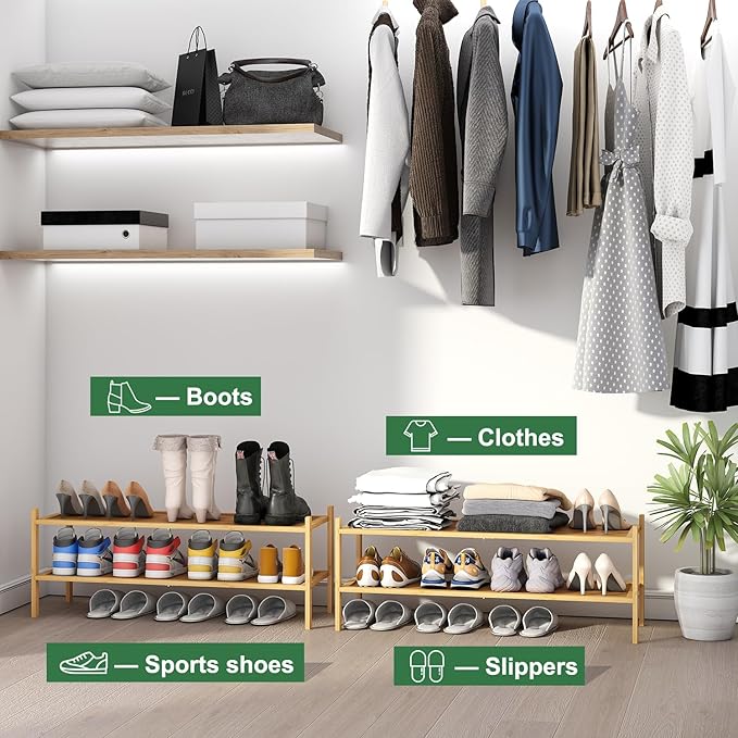 kiplant Long Shoe Rack, 2-Tier Bamboo Wood Shoe Rack, Stackable for Closet, Entryway & Hallway