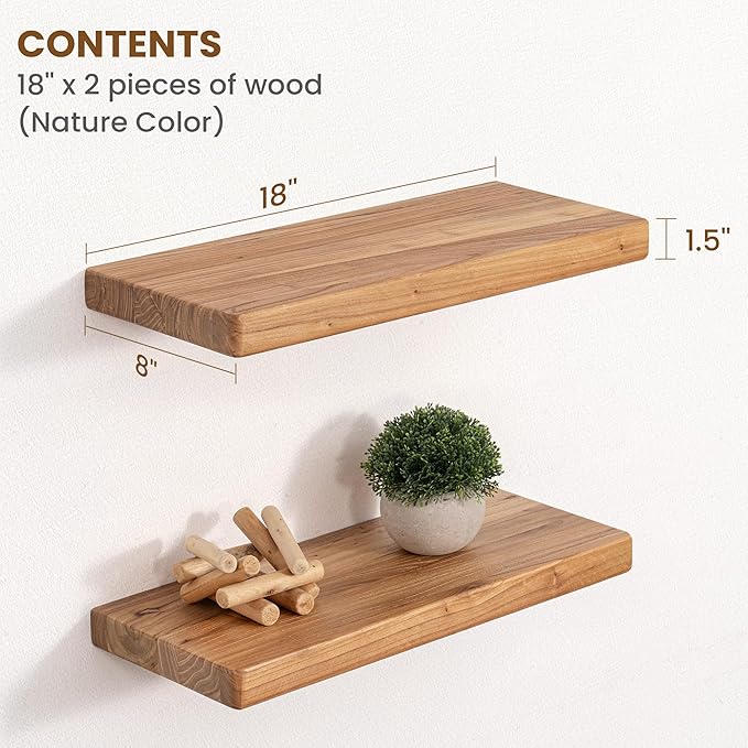 Floating Shelves for Wall, 18"Wx8"D Rustic Solid Elm Wood Floating Shelves Wall Mounted, Round Edge Wall Shelves with Invisib