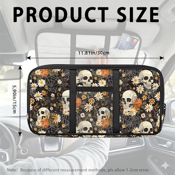 Skull Daisy Zippered Auto Car Sun Visor Organizer with Adjustable Straps and Multi-Pocket Car Sun Visor Storage Box with Picture Holder Easy Installation Universal Fit for Most Cars SUV