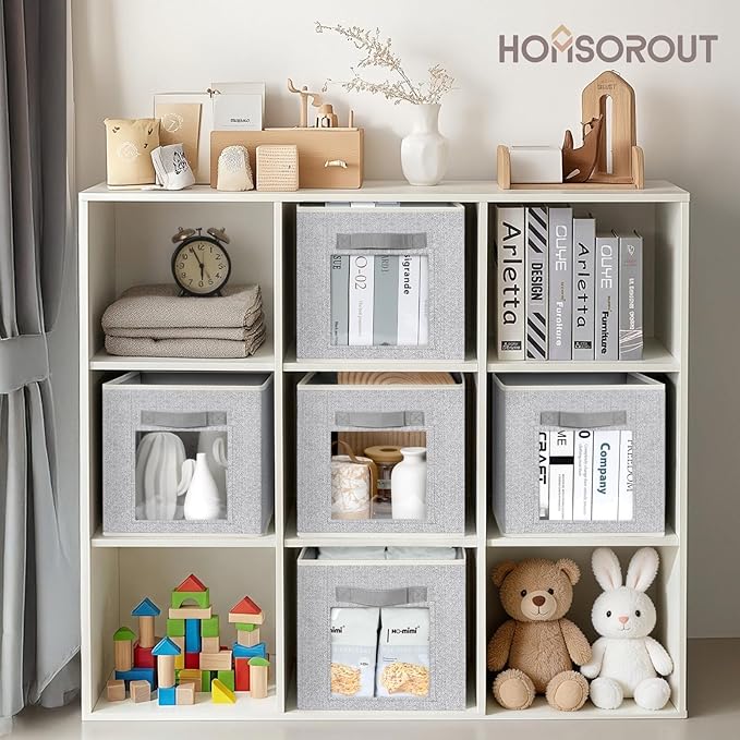 Homsorout Foldable Storage Cubes - Cubby Storage Organizer with Window, Decorative Baskets for Organizing, 11 Inch Fabric Cub