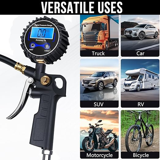 Digital Tire Pressure Gauge with Inflator, 3-250 PSI Air Compressor Accessories with Air Chuck Quick Connect Coupler, Car Attachments with Rubber Hose for Car, Truck, SUV, Cycle, RV