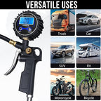 Digital Tire Pressure Gauge with Inflator, 3-250 PSI Air Compressor Accessories with Air Chuck Quick Connect Coupler, Car Attachments with Rubber Hose for Car, Truck, SUV, Cycle, RV