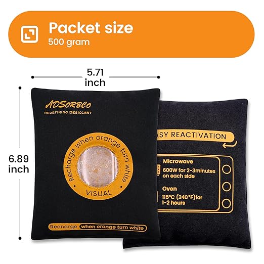 ADSorbco Rechargeable Desiccant Packs for Storage, Rechargeable Silica Gel Packets, Color Indicating Desiccant Packs for