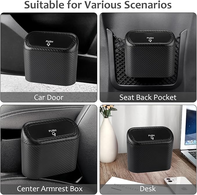 Accmor Car Trash Can with Lid, Mini Vehicle Trash Bin Portable Car Dustbin Garbage Organizer Holder with One Roll Trash Bag, Small Hanging Leakproof Auto Storage Bag Container (Carbon Fiber)
