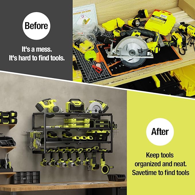 MOOMSINE 4 Layer Power Tool Organizer Wall Mount, Battery Tools Holder with Charging Station Shelf, Cordless Drill Hanger Sto