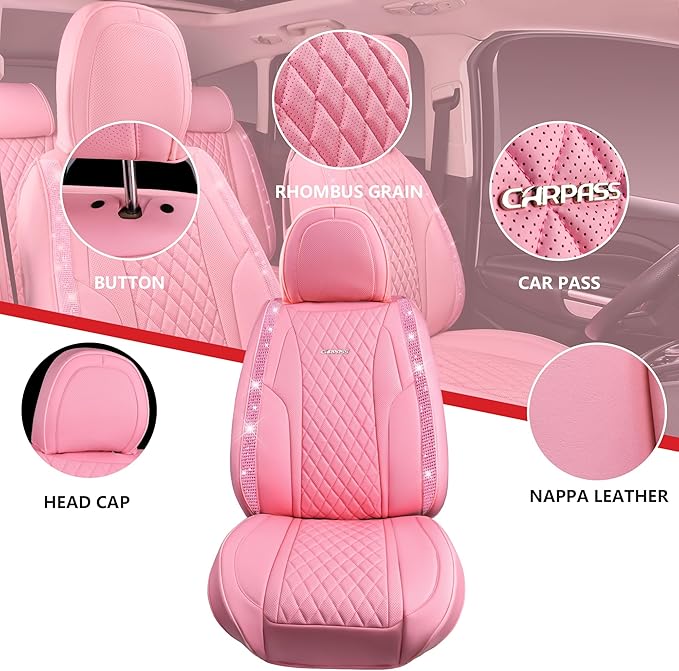 CAR PASS Pink Nappa Leather Car Seat Covers for Full Seats, Bling Diamond Waterproof Seat Protectior Universal Fit Auto SUV S