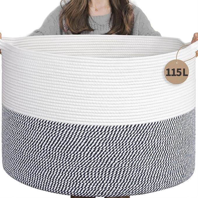 INDRESSME 115L Extra Large Cotton Rope Basket, Blanket Basket for Home Decor Living Room Nursery, Toy Storage Baskets for Kid