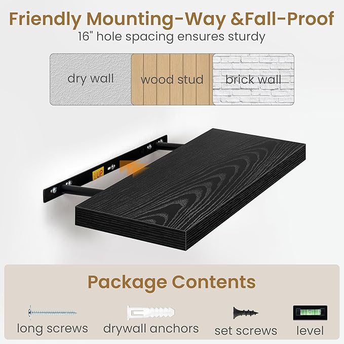 Fun Memories 36 Inch Floating Shelves in Black, 9.3 Inch Deep Floating Shelf for Bathroom Living Room Kitchen, Rusitc Wall Mo