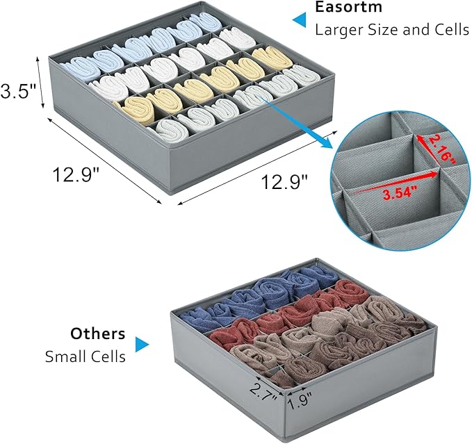Sock Organizer 4 Pack, 24 Cell Underwear Organizer Foldable Underwear Storage, Sock and Underwear Drawer Organizer for Socks 