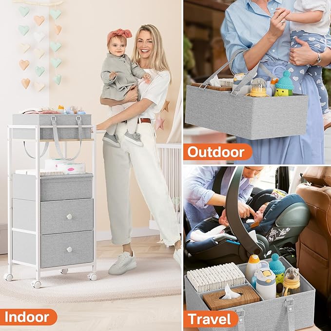Modanais Baby Diaper Caddy Organizer Cart with Drawers - 3In1 Rolling Storage Cart with Wheels, Removable Diaper Caddy, Detac