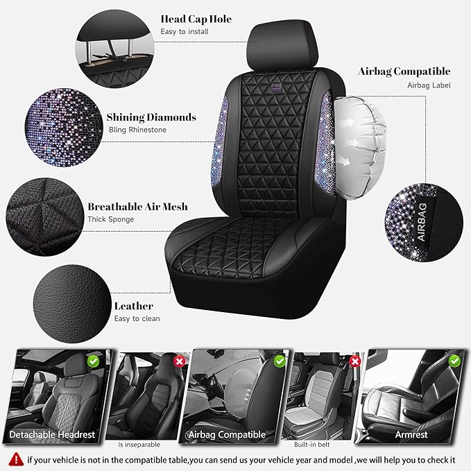 CAR PASS Bling Diamond Air Mesh Seat Cover Front Seats,Leather Seat Covers for Car Shining Glitter Sparkly,Automotive seat co