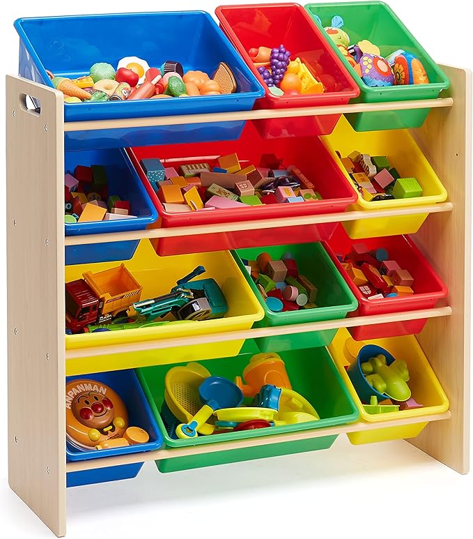 Amazon Basics Kids Toy Storage Organizer With 12 Plastic Bins, Natural Wood, Multicolor, for Bedroom and Playroom, 33.6" W x 