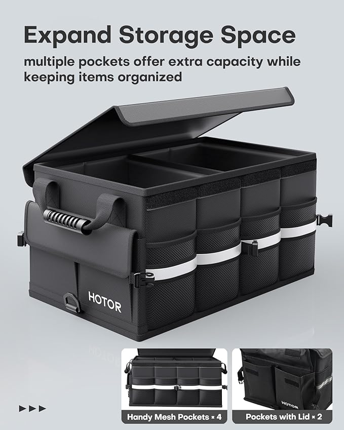 HOTOR Car Trunk Organizer - Foldable Trunk Organizer for SUV, Car Storage with Reflective Strips Securing Cover, Large Capacity