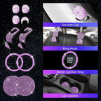 25PCS Bling Car Car Accessories Set,15 Inch Steering Wheel Cover,Shiny License Plate Frame,Center Console Cover and Rearview Mirror Set and Other Car Accessories(Purple)