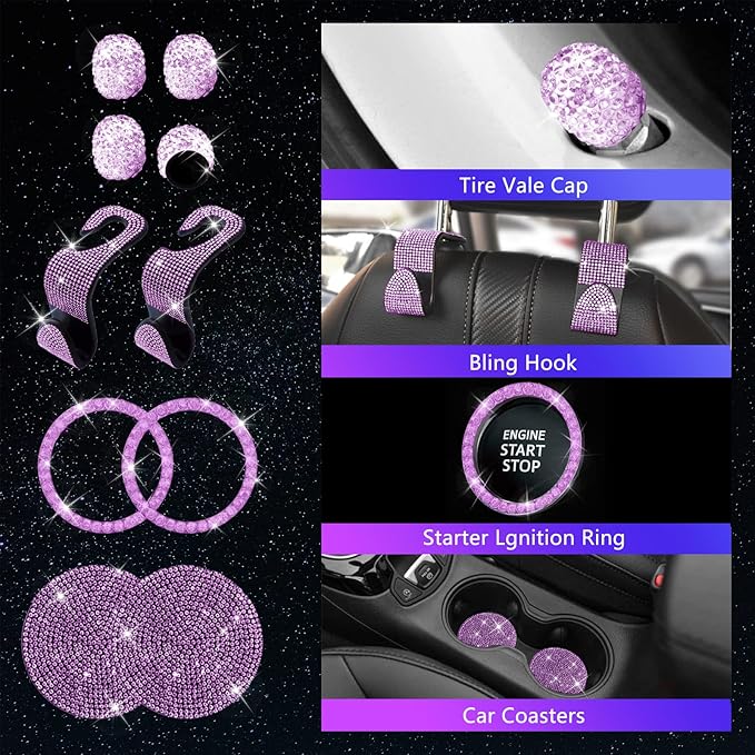 25PCS Bling Car Car Accessories Set,15 Inch Steering Wheel Cover,Shiny License Plate Frame,Center Console Cover and Rearview Mirror Set and Other Car Accessories(Purple)