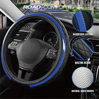Road Comforts Leather Steering Wheel Cover – Black & Blue, Universal Fit 14.5-15 Inch, Microfiber Leather, Anti-Slip & Breath