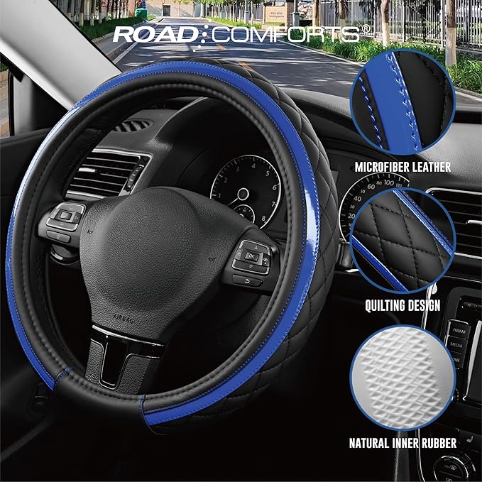 Road Comforts Leather Steering Wheel Cover – Black & Blue, Universal Fit 14.5-15 Inch, Microfiber Leather, Anti-Slip & Breath