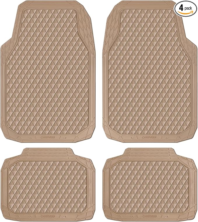 CAR PASS Beige Rubber Car Mats, All-Weather Floor Mats Full Set Durable Anti-Slip 3D Rhombus Waterproof Automotive Pad Trim to Fit Liner Universal Fit for Sedan SUV Truck Van, 4 Pcs All Beige Rubber