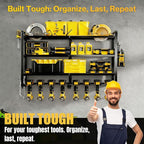 Heavy Duty 4-Tier Wall Mount Tool Rack, 8-Drill Holder & Charging Station, 400lb Load Shelf for Garage Workshop Organization