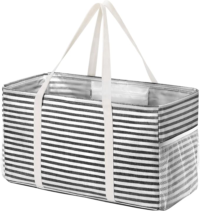 Lifewit Extra Large Tote Bag, Reusable Grocery Bags with Metal Wire Frame and Handles, Standing Utility Foldable Shopping Bags for Storage, Picnics, Beach, Laundry, Car, 46L, 1 Pack, Black