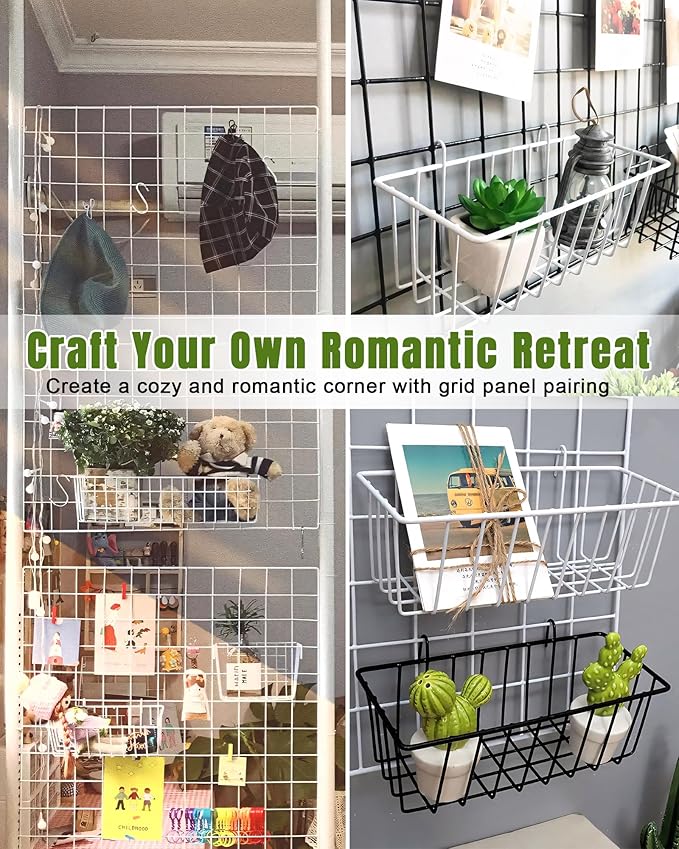 6 Pack White Wall Grid Panel Hanging Wire Basket, Wall Baskets with Hooks for Organizing, White Metal Grid Panel Accessories