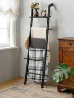 Taozun Black Blanket Ladder with Shelf for Living Room, 67-Inch Wooden 5-Tier Farmhouse Towels and Quilt Rack Decor - Wall Le