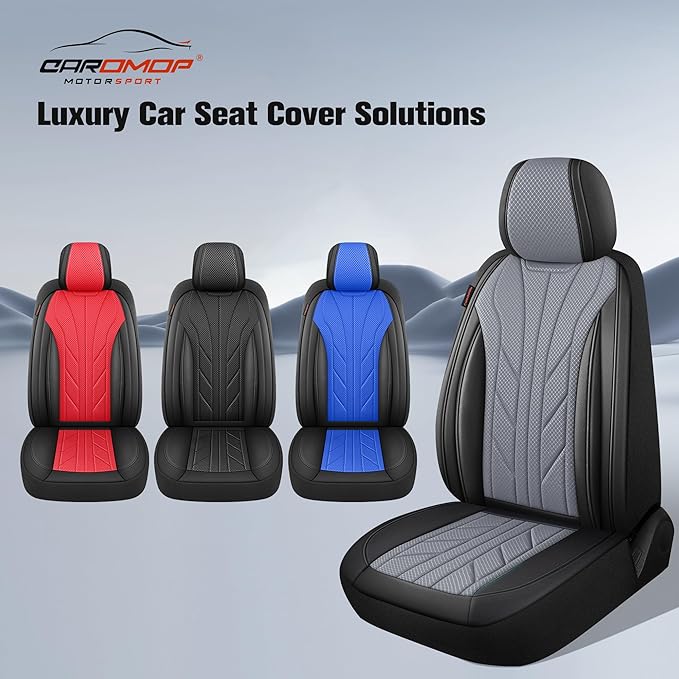 CAROMOP Luxury Faux Leather&Fabric Car Seat Covers 2 Front Seats with Breathable 3D Foam Back Support, Universal Seat Covers 