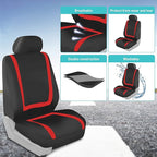 FH Group Unique Flat Cloth Full Set Car Seat Covers w. Silicone Steering Wheel Cover- Universal Fit for Most Cars, Trucks, SUVs or Vans (Red/Black)