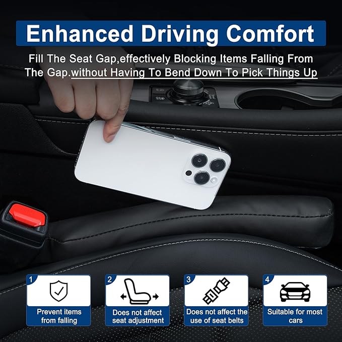 Urehepo 2 pcs Leather Car Seat Gap Filler Organizer, Interior Car Accessories to Stop Things from Dropping for Car SUV Truck Camper, Fill The Gap Between Seat and Console - Black