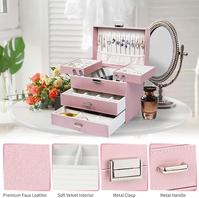 Dajasan Jewelry Boxes for Women Girls, Jewelry Storage Organizer, 4 Layers Large Jewelry Organizer Box with 2 Drawers for Fri