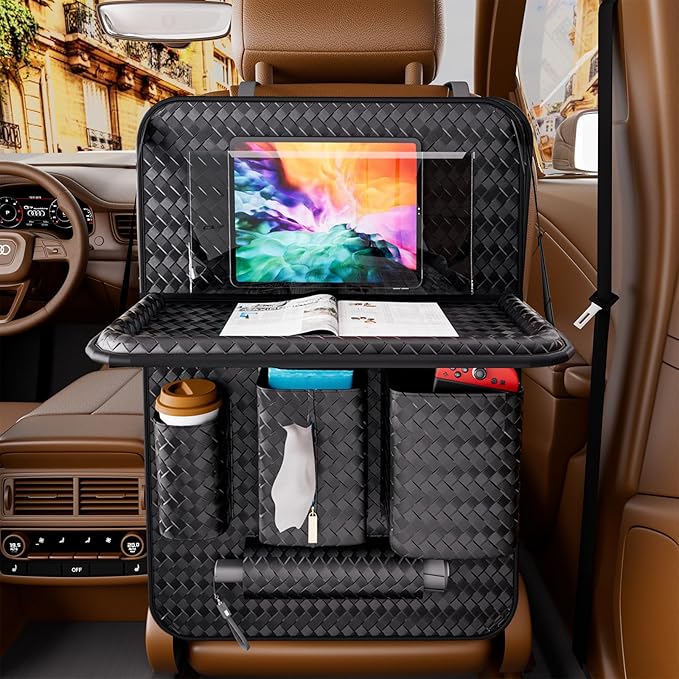 Car Back Seat Organizer, Black Woven Leather Storage Bag, Multifunctional Rear Seat Protector with Tablet Holder, 25.2x17.7 Inches, Abrasion Resistant (black)