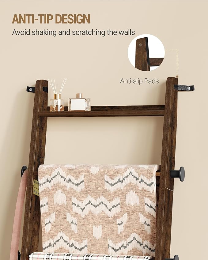 Hzuaneri Blanket Ladder for Living Room, Decorative Quilt Rack with 4 Removable Hooks, 5-Tier Blanket Ladder Shelf for Bedroo