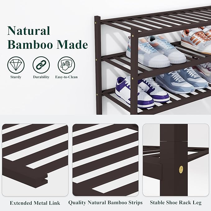Smiry Shoe Rack, 4 Tier Thick Bamboo Shoe Organizer, Stackable Free Standing Wooden Shoe Storage Shelf for Closet, Entryway, 