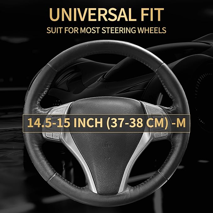 Leather Car Steering Wheel Cover,Anti-Slip, Safety,Soft,Breathable,Heavy Duty,Thick,Full Surround, Sports Style,Universal Car