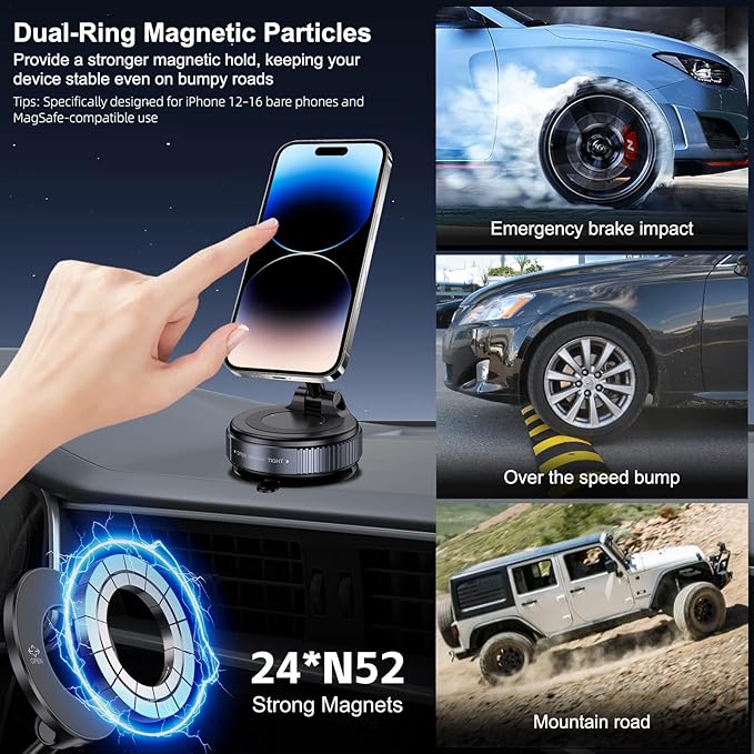 Vacuum Magnetic Car Phone Holder for Magsafe, Hands-Free 360° Adjustable Suction Cup Phone Mount for Car/Gym/Mirror/Smooth Surface, Compatible with iPhone & Android (Space Grey)